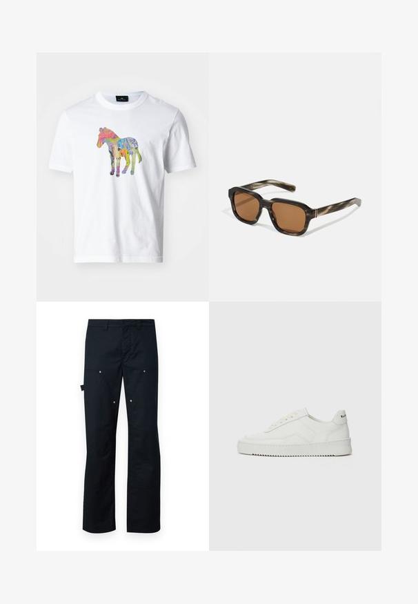 PS Paul Smith ZEBRA - T-shirt print - white; Zwarte cargobroek van duurzaam materiaal, met een rechte snit, meerdere zakken en subtiele zilveren hardware accenten.; Witte leren sneaker met een gladde afwerking, ronde neus, platte veters en een gestructureerde zool. Kenmerkt zich door een subtiel logo op de hiel.; Plastic zonnebril met een schildpadpatroon, octagonale bruine lenzen en dunne gouden hardwareaccenten op het frame.