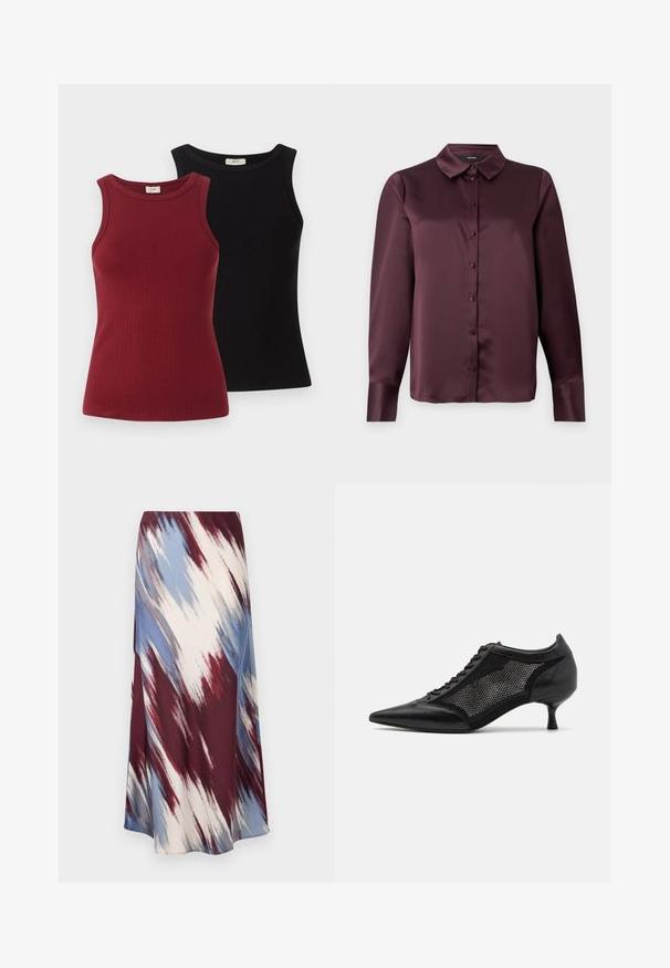 Two ribbed tank tops: one in maroon and one in black. Both feature a fitted design with a round neckline and a smooth texture.; Burgundy satin button-up blouse with a classic collar, long sleeves, and a smooth texture. Features front placket with matching buttons.; Long skirt featuring a diagonal tie-dye pattern in burgundy, blue, and cream, made of soft fabric with a flowing silhouette and slight sheen.; Black pointed-toe shoe with a mesh panel design, featuring a low heel and lace-up front. Made from a combination of leather and mesh material.