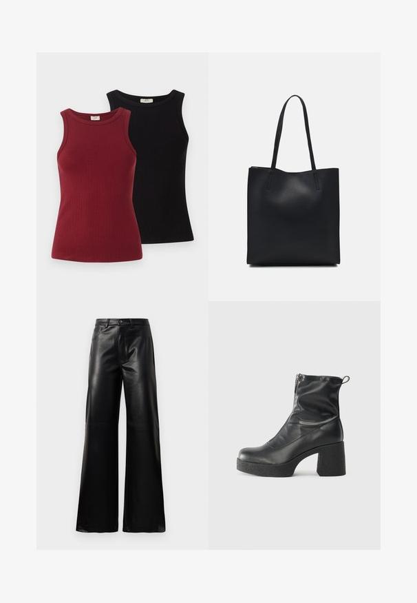 Kaks soonikuga tanki: üks tumepunasena ja teine mustana. Mõlemad on figuuri järgiva disainiga, ümmarguse käeauguga ja siledast materjalist.; Mustad talje laiad jalad kunstnahast püksid esipaneeli nööbi ja lukuga, vöödega ja küljetaskutega valge tausta peal.; Mustad mustad ansapüksid, mis on valmistatud siledast nahast, külje zipperiga, paksu tekstuuriga kontsaga ja ümmarguse nina disainiga.; Mustast nahast kott sujuva tekstuuriga, ristkülikukujuline ja kahe pika sangaga. Pole nähtavat riistvara ega kaunistusi.