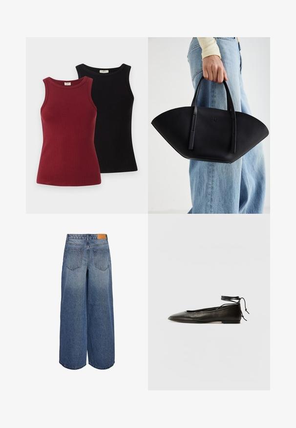 Två räfflade linnen: ett i vinröd och ett i svart. Båda har en figurnära design med rund halsringning och en slät yta.; Breda denimculotter i medelblå tvätt med en urtvättad textur, med två bakfickor och en brun läderetikett med varumärket på midjan.; Svarta läderballetskor med spetsig tå, ankelsnöre och platt sula, med en slät yta och minimalistisk design.; Svart läderhandväska med en unik fläktform, som har platta handtag. Ytan har en pebblad textur och en minimalistisk design.