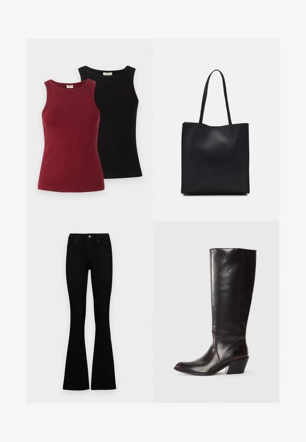 Dois tops de alças canelados: um em bordô e outro em preto. Ambos apresentam um design ajustado com um decote redondo e uma textura suave.; Jeans pretos de cintura alta com fecho de botão e zíper, bolsos frontais e pernas largas dispostos em cima de um fundo branco.; Bota de couro castanha escura até ao joelho, com bico apontado, salto bloco angular e textura suave e brilhante. Apresenta um design limpo e detalhes de costura.; Bolsa tote preta em couro com textura lisa, forma retangular e duas alças longas. Sem hardware ou enfeites visíveis.