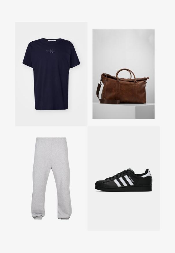 Tamsiai mėlynas medvilninis marškinėliai trumpomis rankovėmis, su logotipu ir tekstu "Calvin Klein Jeans" subtiliu, kontrastingu spaudiniu priekyje.; Pilkos medvilnės mišinio sportinės kelnės, su elastingu juosmeniu, siaurėjantys modeliai ir atsispaudžiamų kraštų. Paprastas dizainas be raštų.; Juodos „Adidas Superstar“ sportbačiai su baltais dryžiais, šonine kriaukle ir „Superstar“ tekstu šone, rodomi šoniniame profilyje ant balto fono.; Ruda odinė sportinė kuprinė su užtrauktuku, dviem rankenomis, reguliuojamu peties diržu ir matomais tekstūros raštais paviršiuje.