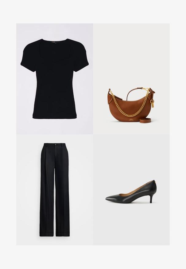 Juodas juostuotas viršus su trumpomis pūstomis rankovėmis ir kvadratiniu kaklu, pasižymintis prigludusia forma ir subtiliu tekstūruotu akcentu.; Juoda plati kelnė su lygiu paviršiumi, plokščiu priekiu, diržo kilpos ir vienu mygtukiniu užsegimu juosmens. ; Juodos odinės aukštakulnės bateliai su smailiu nosiu, žemu kulnu ir lygiu paviršiumi. Priekyje yra nedidelis atvirumas, o gale minimalus apdaila.; Ruda odinė rankinė su kreiviu dizainu, auksinės grandinėlės dirželiu, vidiniu kišeniu ir nuimamu peties dirželiu. Yra kontrastingų siūlių.