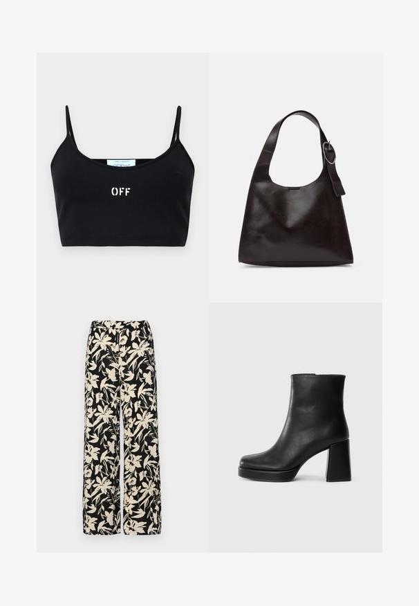 Fekete, vékony pántos crop top, sima anyagból készült. A fronton fehér "OFF" logóval rendelkezik, minimalista dizájnnal és további díszítések nélkül.; Fekete, bő szárú nadrág krém színű virágmintával. Könnyű anyagból készült, sima tapintású és magas derékrésszel rendelkezik.; Fekete bőr bokacsizma tömbsarkal és platform talppal, oldalról nézve, sima fehér háttéren.; Barna bőr válltáska sima felülettel, lekerekített formával, széles pánttal és kör alakú fém akcentussal a fogantyún.