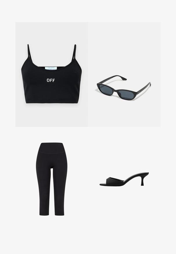 Czarny cropped top z cienkimi ramiączkami, wykonany z gładkiego materiału. Na przodzie znajduje się biały napis "OFF" w minimalistycznym stylu, bez dodatkowych akcentów.; Czarne legginsy za kostkę wykonane z elastycznego materiału, z wysokim stanem i bez widocznych wzorów czy elementów metalowych.; Czarne klapki na wysokim obcasie z szerokim, otwartym noskiem i zakrzywioną cholewką. Wykonane z teksturowanej tkaniny, z wąskim obcasem i gładką podeszwą.; Czarne okulary w kształcie kociego oka z ciemnymi soczewkami, plastikową ramką, smukłymi zausznikami i subtelnym logo na wewnętrznej stronie zausznika. Matowa tekstura.