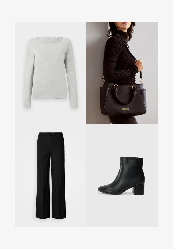 Lichtgrijze longsleeve shirt van zacht stof, met een ronde halslijn en een ontspannen pasvorm, met een gladde textuur en zonder zichtbare patronen.; Zwarte wijde broek van een gladde stof, met een hoge taille, nauwkeurig gestikte naden en een minimalistisch ontwerp. Geen zichtbare hardware of zakken.; Zwarte leren enkellaarzen met een spitse neus en een chunky hak. Gladde textuur met minimale accenten en een slank, strakk ontwerp.; Zwarte handtas met gestructureerd oppervlak, dubbele bovenhandvatten en verstelbare schouderriem. Voorzien van goudkleurige hardware en zijzakken.