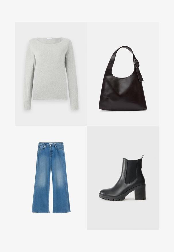 Lichtgrijze longsleeve shirt van zacht stof, met een ronde halslijn en een ontspannen pasvorm, met een gladde textuur en zonder zichtbare patronen.; Lichtblauwe wijde jeans van denim, met een hoge taille, voorzakken en een licht vervaagde afwerking. Kl classic vijf-pocket ontwerp.; Zwarte leren enkellaars met elastische zijpanelen, robuuste rubberen zool en een hoge blokhak. Beschikt over een trekband aan de achterkant.; Bruine lederen schoudertas met een gladde textuur, ronde vorm, brede strap en een cirkelvormig metallic accent op de handgreep.