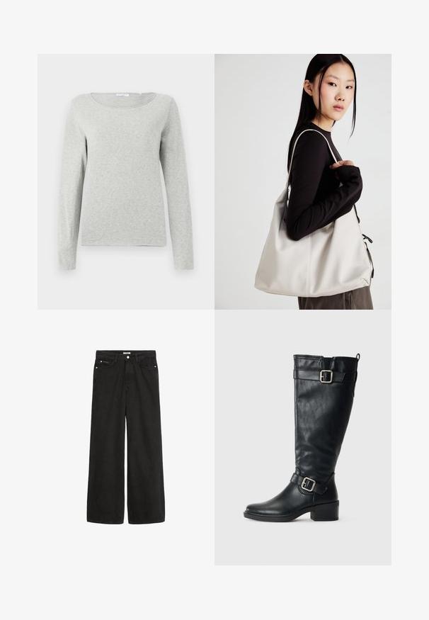 Lichtgrijze longsleeve shirt van zacht stof, met een ronde halslijn en een ontspannen pasvorm, met een gladde textuur en zonder zichtbare patronen.; Zwarte denim jeans met wijde pijpen en een hoge taille. Bevat vijf zakken, metalen beslag en een nette afwerking. De textuur is glad en zacht.; Hoge zwarte leren laars met lage hak, decoratieve gespen nabij de enkel en bovenkant, en een trekriem aan de achterkant.; Beige handtas gemaakt van zacht materiaal, met een slonzig ontwerp, gestikte details en twee schouderbanden. Geschikt voor dagelijks gebruik.