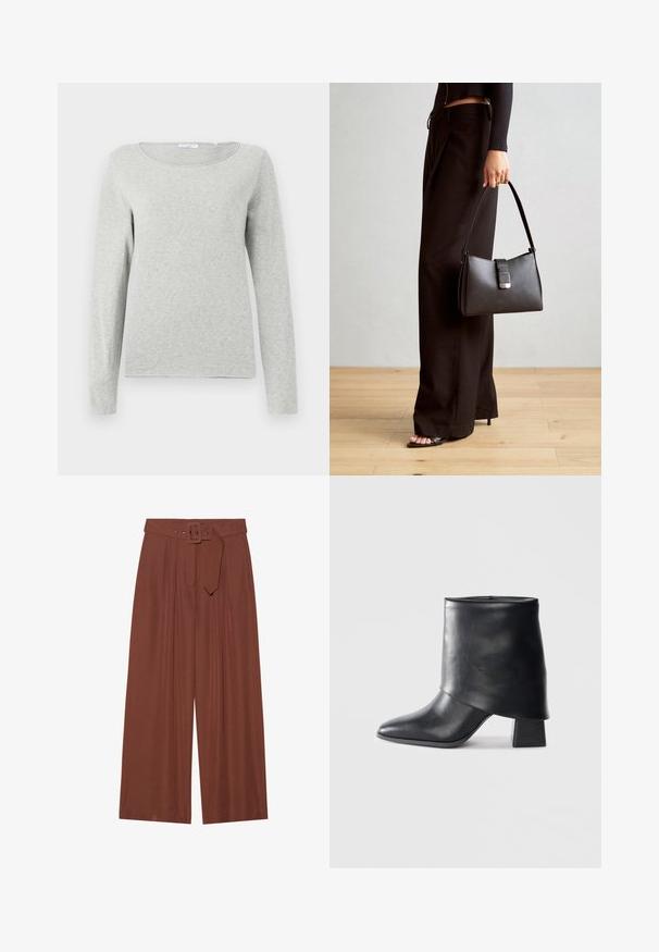 Vaaleanharmaa pitkähihainen paita, joka on valmistettu pehmeästä kankaasta. Paidassa on pyöreä kaulus ja rento istuvuus. Sen pinta on sileä eikä siinä ole näkyviä kuvioita.; Valkoiset housut ruskeasta kankaasta, jossa on vyö neliön muotoisella soljella, laskostettu muotoilu ja sileä pinta.; Mustat nahka nilkkurit, joissa on terävä kärki, sileä pinta ja jämäkkä lohkosaapas. Ominaisuuksia korkea, taitettu varren muotoilu.; Musta käsilaukku, jossa on rakenteellinen muoto, sileä pinta ja metallinen solki. Yhdistetty leveisiin mustiin housuihin ja avonaiheisiin sandaaleihin puulattialla.