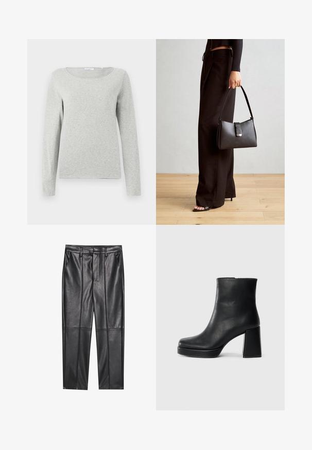 Šviesiai pilka ilgas rankovėmis marškiniai, pagaminti iš minkštos medžiagos, su apvalia iškirpte ir laisvu siluetu, sklandžiu paviršiumi ir be matomų raštų.; Juodos odinės kelnės su lygiu tekstūru, tiesaus kirpimo, dviem priekinėmis kišenėmis ir matomomis siūlėmis.; Juodas odinis kulkšninis botas su bloku ir platformos padu, matomas šoniniu vaizdu ant balto fono.; Juodas rankinė struktūrizuota forma, lygi tekstūra ir metalinis užsegimas. Suporuota su plačiomis juodomis kelnėmis ir atvirais bateliais ant medinių grindų.