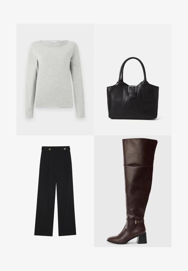 Light grey long-sleeve shirt made of soft fabric, featuring a round neckline and a relaxed fit, with a smooth texture and no visible patterns.; Black wide-leg trousers with high waist, button details on waistband, and front pleats.; Dark brown knee-high leather boot with block heel and decorative strap detail on side, shown against a plain light background.; Black leather tote bag with smooth texture, structured shape, two handles, and a prominent silver buckle detail on the front.