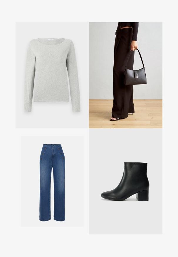 Maglietta grigia chiara a maniche lunghe realizzata in tessuto morbido, con scollatura rotonda e una vestibilità comoda, con una superficie liscia e senza motivi visibili.; Jeans in denim a vita alta di un blu medio. Presentano dettagli con bottoni frontali e un design a gamba ampia. Il tessuto ha una texture liscia con un leggero sbiadimento.; Stivali neri in pelle fino alla caviglia con punta appuntita e tacco spesso. Texture liscia con minimi dettagli e un design elegante e aderente.; Borsa nera con forma strutturata, texture liscia e una chiusura metallica. Abbinata a pantaloni neri larghi e sandali open-toe su un pavimento in legno.