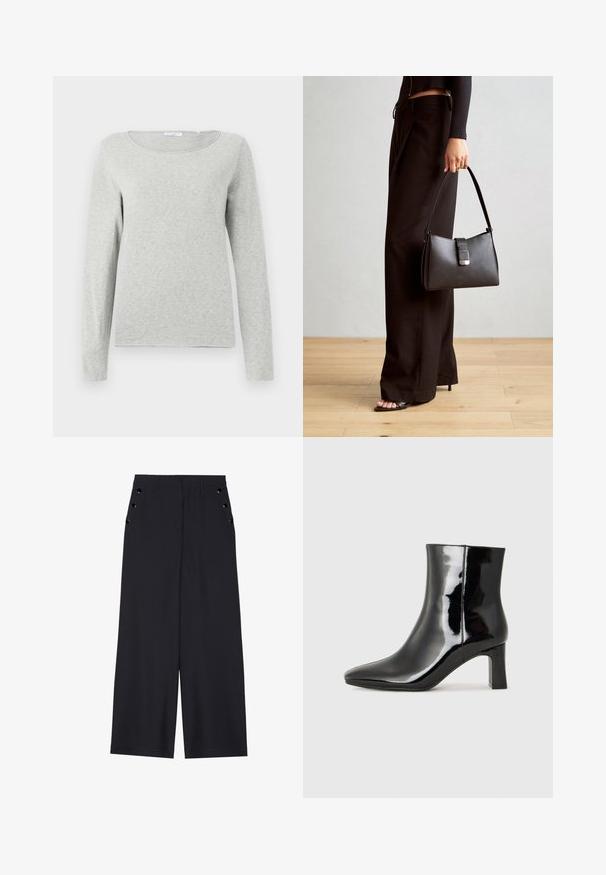 Gai pelēks garām piedurknēm krekls, izgatavots no mīksta auduma, ar apaļu kakla izgriezumu un brīvu piegriezumu, ar gludu virsmu un bez redzamām rakstu zīmēm.; Platīsara bikses tumši zilā audumā, kurām ir gluda tekstūra, priekšējie kroki un dekoratīvi zeltaini acs pie sānu kabatām.; Melnas patentētas ādas potīšu zābaki ar norādītu pirkstu un vidēja augstuma kvadrātveida papēdi. Gluda tekstūra un minimālisma dizains.; Melnā somiņa ar strukturētu formu, gludu tekstūru un metālu sprādzi. Saskaņota ar platām melnām biksēm un sandālēm ar atvērtu purngalu uz koka grīdas.