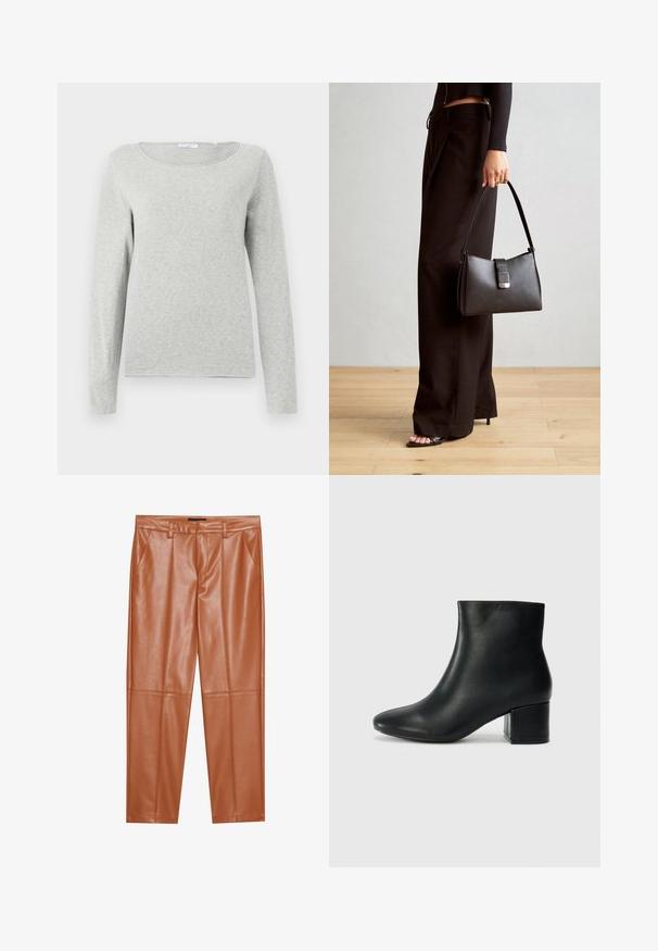 Šviesiai pilka ilgas rankovėmis marškiniai, pagaminti iš minkštos medžiagos, su apvalia iškirpte ir laisvu siluetu, sklandžiu paviršiumi ir be matomų raštų.; Rudos dirbtinės odos kelnės su pritaikytu siluetu, su priekinių klosčių ir tiesiomis kojomis. Sklandus paviršius be matomų metalinių detalių ar akcentų.; Juodos odinės aulinės botai su smailiu priekiniu pirštu ir storu kulnu. Lygus tekstūra su minimaliomis detalėmis ir elegantišku, tvirtai priglundančiu dizainu.; Juodas rankinė struktūrizuota forma, lygi tekstūra ir metalinis užsegimas. Suporuota su plačiomis juodomis kelnėmis ir atvirais bateliais ant medinių grindų.