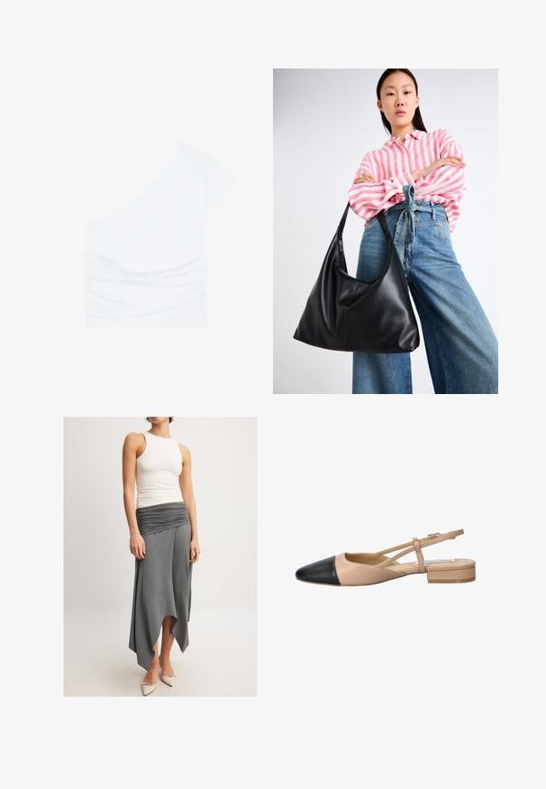Asymmetrisk vit topp med en kort ärm, samlad ruching på vänster sida och slät textur. Tillverkad av ett lätt tyg.; Ärmlös vit topp i kombination med en svängig, grå kjol med ruched midja och asymmetrisk fåll. Modellen bär beiga klackskor.; Beige och svart tvåtonad slingback-sko med spetsig tå, platt klack och korsade remmar. Slät läderstruktur.; Svart läderaxelväska med en avslappnad form och sömdetaljer. Modellen bär en randig skjorta i rosa och vitt tillsammans med vida blå jeans.
