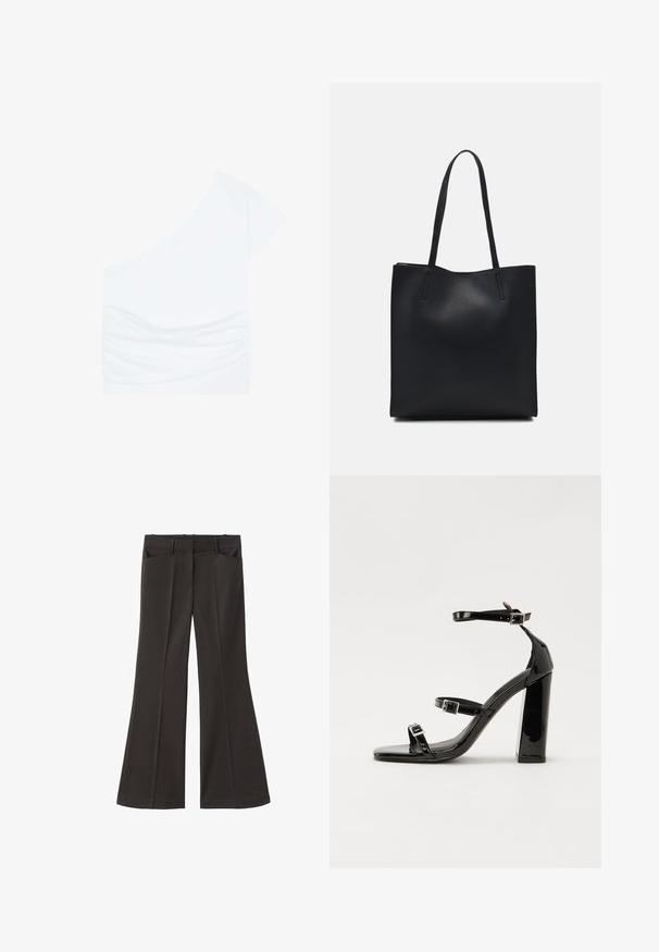 Asymmetrisches weißes Oberteil mit einem kurzen Ärmel, gerafftem Rüschendetail auf der linken Seite und glatter Textur. Hergestellt aus einem leichten Stoff.; Schwarze, weit geschnittene Hosen mit hoher Taille; verfügt über zwei Fronttaschen und eine glatte Stoffoberfläche. Geeignet für verschiedene Anlässe.; Schwarze patentierte Sandalen mit Absatz, quadratischer Spitze, Knöchelriemen und silbernen Schnallen. Mit einem stabilen Blockabsatz für mehr Stabilität.; Schwarze Laptoptasche aus Leder mit glatter Textur, rechteckiger Form und zwei langen Griffen. Keine sichtbaren Beschläge oder Verzierungen.