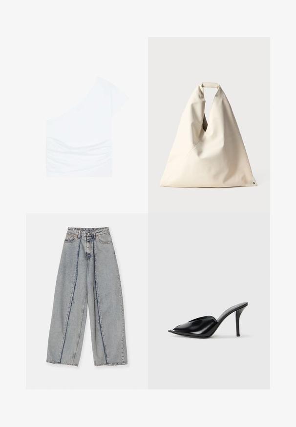 Asymmetrisch wit topje met één korte mouw, gathered ruching aan de linkerkant en een zachte textuur. Gemaakt van een lichtgewicht stof.; Lichtblauwe wijde jeans met rafelige randen, een hoge taille en contrasterende naden. Gemaakt van denim, met een ontspannen pasvorm en minimale slijtage.; Zwarte leren muiltjes met hoge hakken, open teen, spitse vorm, gladde textuur en een slanke stiletto-hak.; Beige, tas met een zachte textuur en een unieke gedraaide handgreep met schuin naaddetail. Minimalistisch ontwerp met een ronde accent aan de basis.