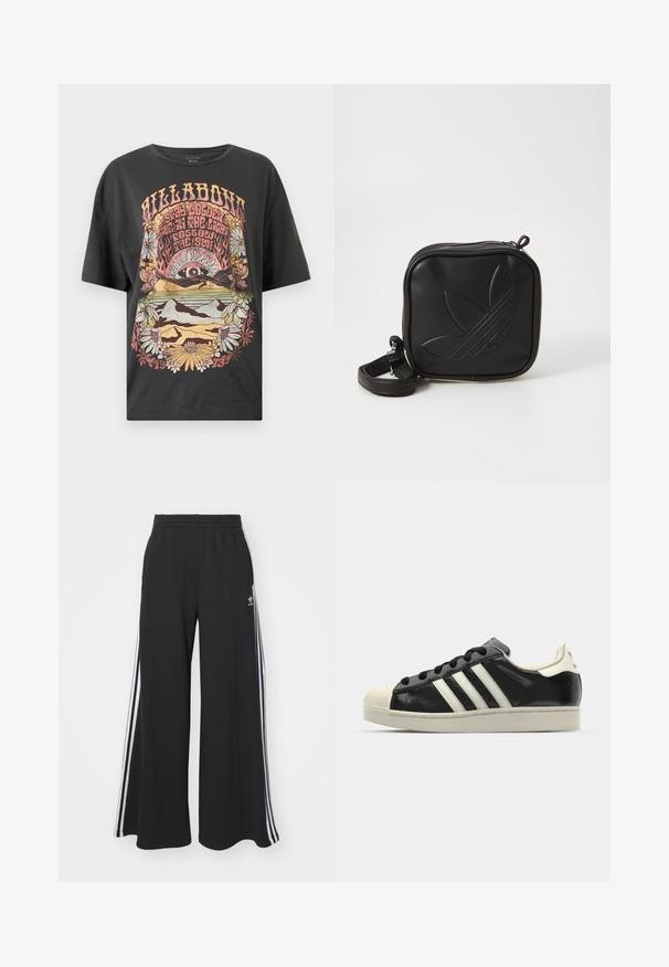 Svart bomulls t-shirt med en färgglad grafisk tryck med sol, berg och blommor. Långärmad lös passform med rund hals.; Svarta vida sweatpants med elastisk midje, med vita sidosträck och en broderad logotyp på vänster lår.; Svart lädersneaker med vita ränder, gummitåhätta, svarta snören och en krämfärgad sula. Slät textur med blank yta.; Svart fyrkantig crossbody-väska i texturerat syntetmaterial. Har en präglad logodesign och justerbar rem. Dragkedjestängning.