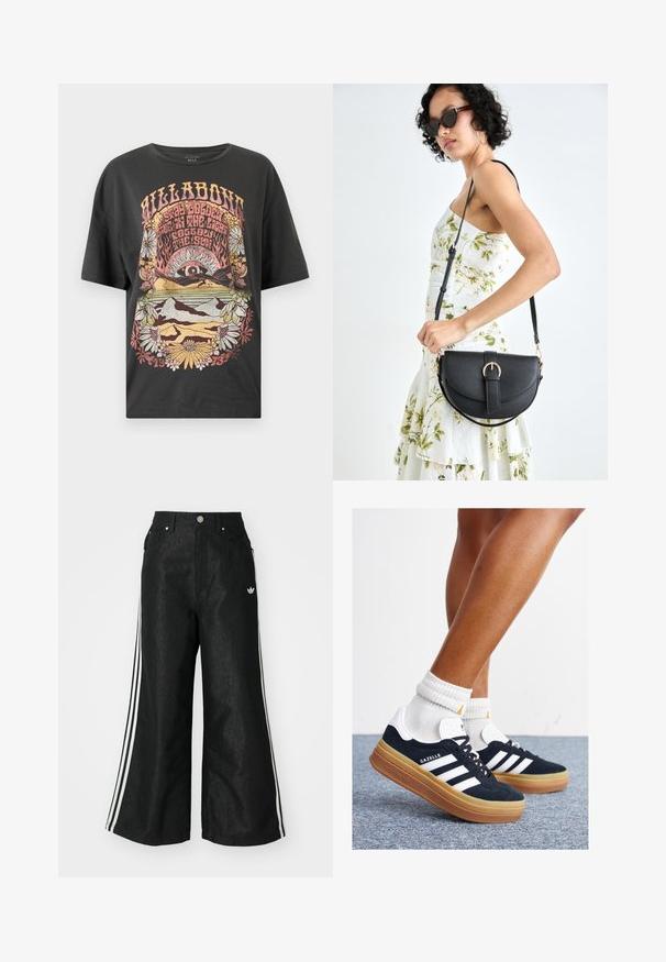 Musta puuvillapaita, jossa on värikäs kuviointi auringosta, vuorista ja kukista. Löysä malli, jossa on lyhyet hihat ja pyöreä kaula-aukko.; Mustat leveät farkut kolmella valkoisella raidalla jokaisella sivulla ja pienellä valkoisella logolla. Ominaisuuksiin kuuluvat etutaskut ja napitus.; Musta mokkanahkainen tennari, jossa valkoiset raidat ja yksityiskohdat, pyöreä kärki, purukumipohja, yhdistetty valkoisiin ribbineuleisiin nilkkasukkiin.; Musta nahkainen käsilaukku, joka on kaareva muotoilultaan, irrotettavalla hihnalla ja kultaisilla yksityiskohdilla. Laukussa on läppä, jossa on solk yksityiskohta.