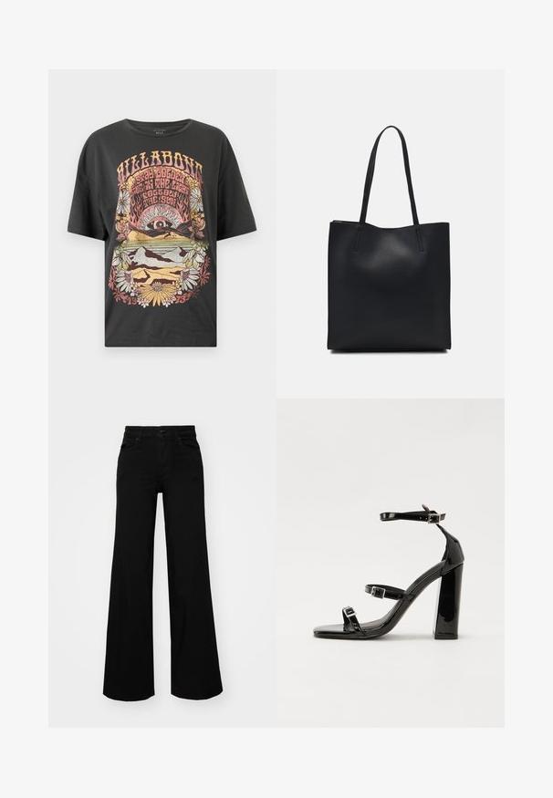 Čierne bavlnené tričko s farebnou grafickou potlačou znázorňujúcou slnko, hory a kvety. Voľný strih s krátkymi rukávmi a okrúhlym výstrihom.; Čierne široké nohavice z denimu s pevným pásom, pútkami na opasok a prednými vreckami. Hladká štruktúra s klasickým dizajnom.; Čierne lakované sandále na podpätku so štvorcovou špičkou, navlečenými remienkami okolo členku a striebornými prackami. Disponujú masívnym blokovým podpätkom pre stabilitu.; Čierna kožená taška na rameno s hladkým povrchom, obdĺžnikovým tvarom a dvoma dlhými uchami. Bez viditeľného kovania alebo ozdôb.