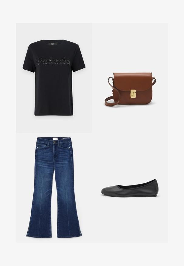 Černé bavlněné tričko s krátkými rukávy a kulatým výstřihem. Na přední straně se nachází detail textu "Weekend" obšitý flitry v kurzívním písmu.; Tmavě modré zvonové džíny vyrobené z denimu. Mají vysoký pas, přední kapsy a rozparky na lemu. Klasický design s pěti kapsami.; Černé kožené baletní byty s kulatou špičkou, hladkou texturou, minimálními švy a flexibilním designem podrážky.; Hnědá kožená kabelka s klopou, zlatými kovovými detaily, ramenním popruhem a hladkým povrchem. Kompaktní obdélníkový tvar.