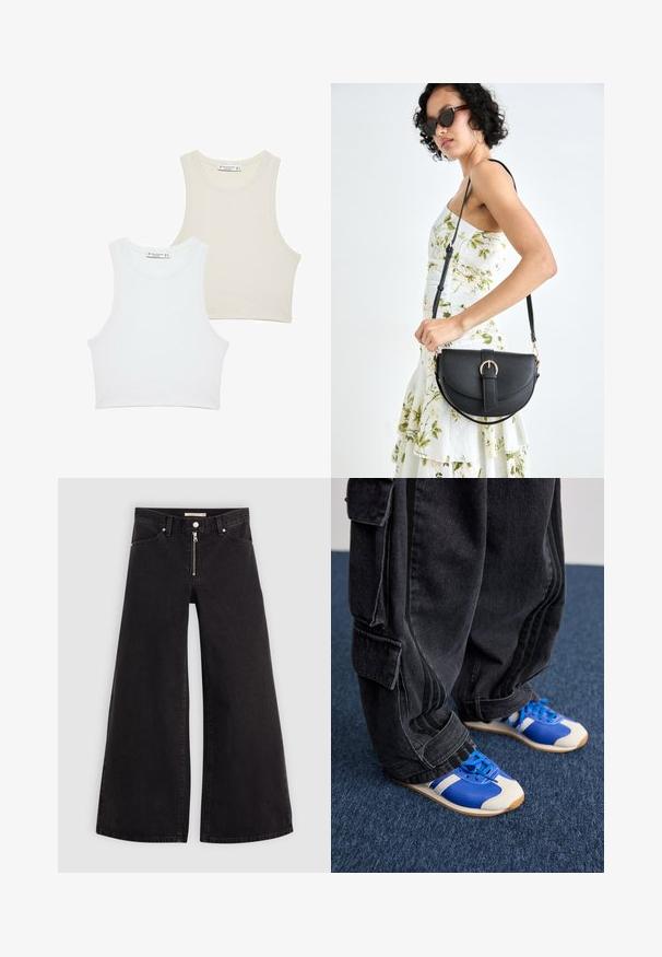 Två ribbade croptoppar, en i vitt och den andra i ljusbeige, med breda ärmhål och en rund halsringning. Båda har en enkel design.; Breda jeans i svart denim med dragkedja fram, femfickorsdesign och subtila sömdetaljer. Slät textur och avslappnad stil.; Person som bär lösa svarta cargobyxor och blåa och vita sneakers stående på en mörkblå matta.; Svart läderhandväska med en böjd form, avtagbar rem och guldiga detaljer. Väskan har ett lock med en spänndetalj.