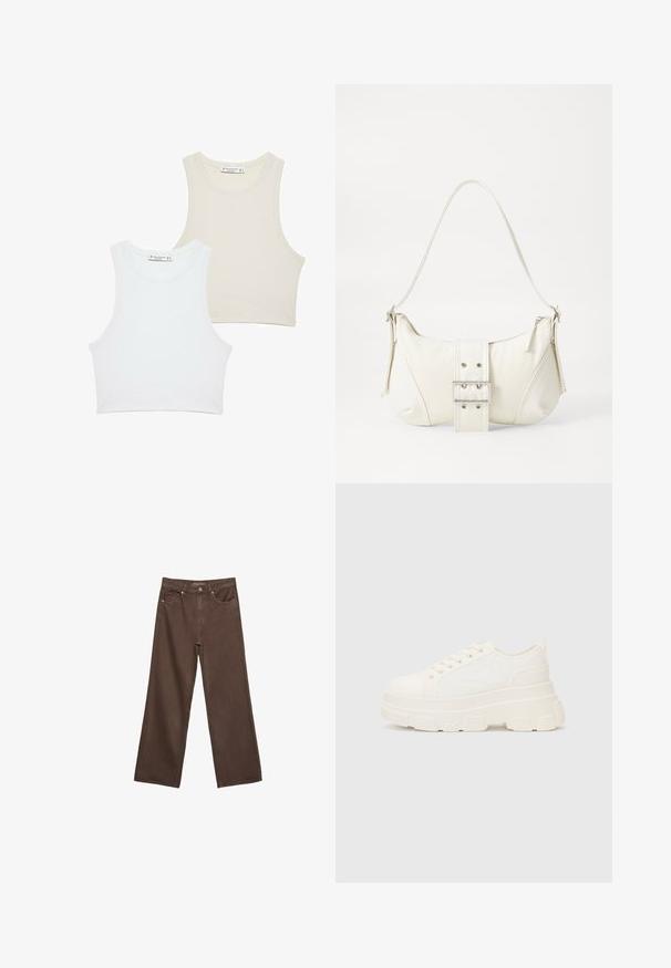 Dva rebrasta kratka topa, en v beli in drugi v svetlo bež barvi, s širokimi armhole-i in krožno ovratnikom. Obe imata enostaven dizajn.; Široke rjave kavbojke iz denima, ki imajo visok pas, sprednje žepe in klasično zapiranje na gumb. Gladka tekstura s subtilnim šivom.; Bela platnena teniska z debelim podplatom, okroglo konico in petimi luknjicami za vezalke. Zadaj je dodana zanka za enostavno obuvanje. Gladka tekstura, minimalistična zasnova.; Bela torbica za rame z teksturirano površino, osrednjo sponko in ukrivljenim oblikovanjem. Zadrge na obeh straneh.