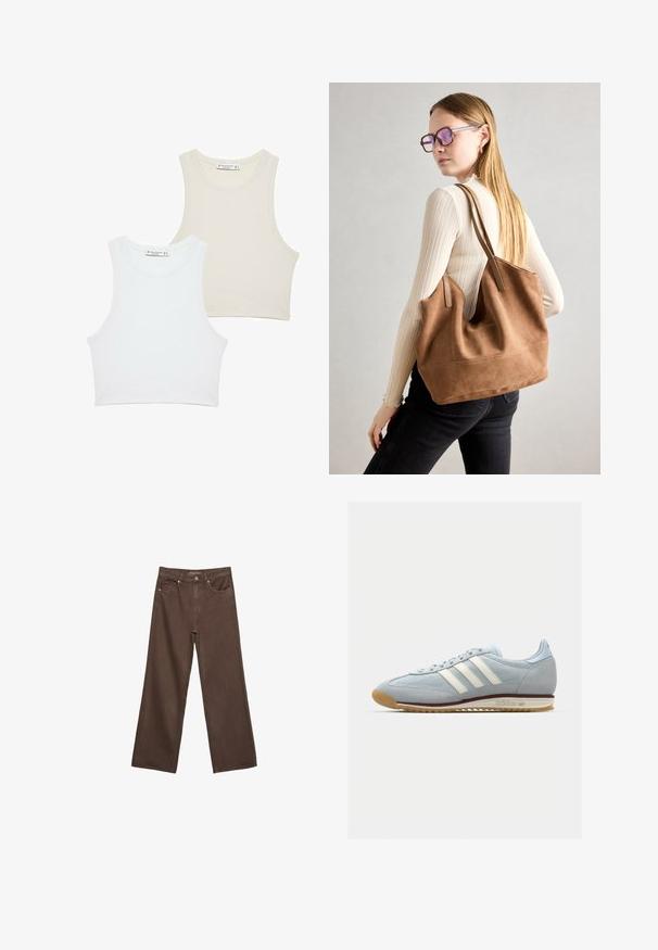 Zwei gerippte Cropped-Tops, eines in Weiß und das andere in Hellbeige, mit weiten Armausschnitten und einem runden Halsausschnitt. Beide haben ein einfaches Design.; Weite braune Jeans aus Denim, mit hoher Taille, Fronttaschen und klassischem Knopfverschluss. Glatte Textur mit feinen Nähten.; Hellblaue Wildledersneaker mit weißen drei Streifen, Gummisohle und strukturiertem Mesh. Verfügt über eine glatte Zehenkappe und Branding an der Ferse.; Braune Wildleder-Tasche mit weicher Textur, großer Öffnung und langen Trägern. Sie verfügt über ein simples Design mit sichtbarem Stich und ohne Beschläge.