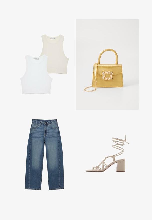 Two ribbed crop tops, one in white and the other in light beige, with wide armholes and a round neckline. Both feature a plain design.; Wide-leg blue jeans made of denim, featuring a classic five-pocket design, with a faded wash and tonal stitching.; Mango Sandals - off-white; Yellow faux-crocodile handbag with a structured design, top handle, detachable chain strap, and decorative crystal embellishment on the clasp.