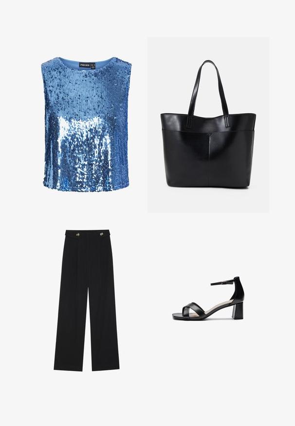 Blaue Pailletten-Bluse mit rundem Ausschnitt, ärmellosem Design und glatter Innenausstattung. Pailletten erzeugen eine reflektierende, strukturierte Oberfläche.; Schwarze weite Hosen mit hoher Taille, Knopfdetails am Bund und vorderen Falten.; Schwarze offene Sandale mit Absatz, gekreuzten Riemen, verstellbarem Knöchelriemen und einem klobigen Absatz, ausgestattet mit einer glatten Ledertextur.; Schwarze Leder-Shopper-Tasche mit zwei langen Griffen, einer glatten Textur und einer strukturierten Form. Verfügt über eine Vordertasche für zusätzlichen Stauraum.