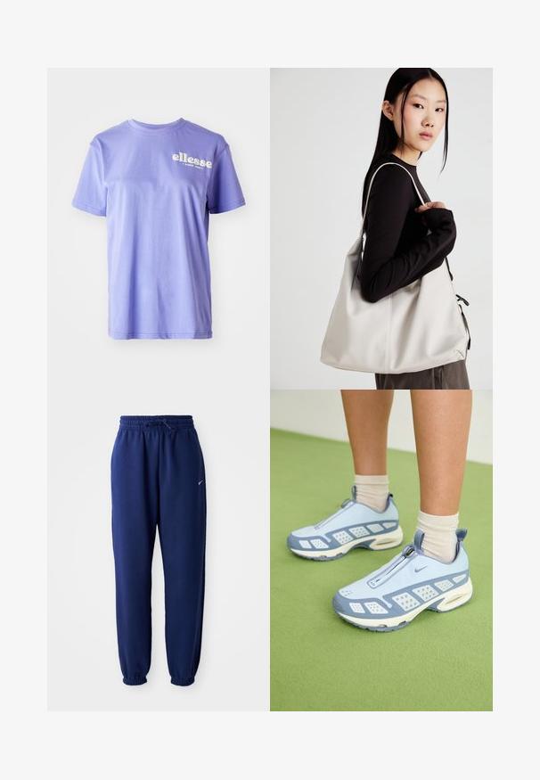 T-shirt de algodão roxo com decote redondo, mangas curtas e texto do logótipo "ellesse" em branco impresso à frente. Textura suave.; Calças de fato de treino azul marinho feitas de um tecido suave, com uma cintura elástica com cordão, punhos elásticos e um pequeno logótipo branco.; Sapatos de desporto azul claro com acabamento branco, painéis texturizados e fecho de zíper. Apresentam uma sola com amortecimento visível e sola em borracha.; Uma bolsa bege feita de material macio, com um design descontraído, detalhes de costura e duas alças para o ombro. Adequada para uso diário.