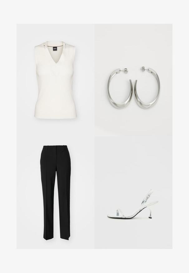 Ärmelloses, weißes Rippoberteil mit V-Ausschnitt und kontrastierendem Innenbesatz, das ein schlichtes und tailliertes Design betont.; Schwarze, taillierte Hose mit geradem Bein, aus einem glatten Stoff und mit klaren Falten an der Vorderseite. Keine sichtbare Hardware.; Silberne Lackleder Slingback-Pump mit schmalem Zehenriemen, verstellbarem Schnallenverschluss und schlanker Absatzhöhe.; Silberne Creolen mit einem glatten, geschwungenen Design. Mit einem glänzenden metallischen Finish und Steckverschluss. Keine sichtbaren Muster oder Akzente.