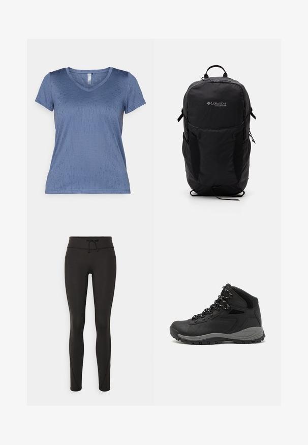 Modrá V-čková tričko vyrobené z hladkej, štruktúrovanej tkaniny s krátkymi rukávmi a subtílnym vzorom. Obsahuje rovný lem a ľahkú konštrukciu.; Čierne legíny s vysokým pásom, so šnúrkou na stiahnutie, hladkou textúrou a priliehavým strihom. Obsahujú švy po stranách.; Čierna turistická obuv s polovičným strihom, s textúrovaným zvrškom, šedými akcentmi a odolnou gumovou podrážkou s protišmykovými hrebienkami.; Čierny batoh Columbia Titanium s hladkou textúrou látky, bočnými vreckami, hornou rukoväťou a nastaviteľnými popruhmi. Minimalistický dizajn s nenápadným brandingom.