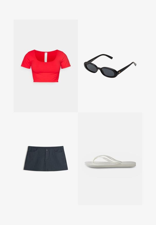 Rotes, kurzes T-Shirt mit kurzen Ärmeln, ausgestattet mit einem Rundhalsausschnitt und glattem, dehnbarem Stoff. Einfaches Design ohne Muster oder Verzierungen.; Marineblaues Minirock mit Nadelstreifen, vorderen Taschen und einem einzelnen Knopfverschluss an der Taille.; Weiße Flip-Flops mit einer strukturierten Sohle, dünnen Riemen und einem flachen Design. Hergestellt aus Gummi mit einem dezenten Logo auf der Fußsohle.; Schwarze, oversized Sonnenbrillen mit ovalen Gläsern, glattem Kunststoffrahmen und goldenen Akzenten an den Bügeln. Die dunklen Gläser bieten Sonnenschutz.; Schwarze Lederhandtasche mit Fransen-Details, goldener Ketten-Schulterriemen und einem ausgeschnittenen Griff. Mit Logoplatzierung auf der Vorderseite.; Goldene Kettenhalskette mit abwechselndem Edelsteinen in Hellgrün, Rosa und Klar. Jeder Stein ist in einer kreisförmigen Zargenfassung eingesetzt.
