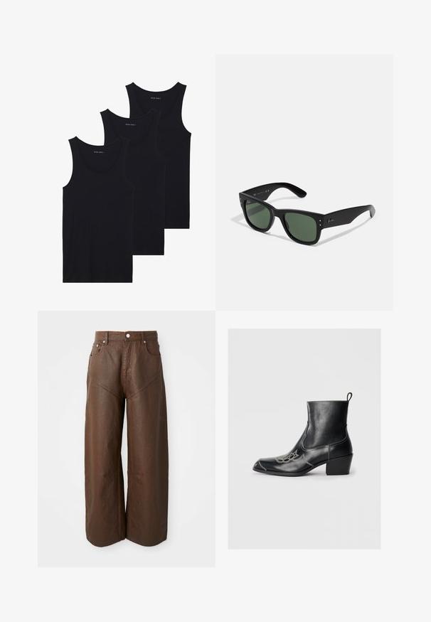 Trys juodos medvilninės tankų marškiniai su šonkaulinio audinio tekstūra, su apvalia iškirpte ir be rankovių, tvarkingai sukrauti.; Plati kojos rudos odinės kelnės su penkiomis kišenėmis ir sagčiu, pristatytos ant vientisos baltos fono.; Juodos odinės ankle batai su kvadratiniu pirštu, dekoratyviomis siūlėmis ir žemu blokiniu kulnu. Turės trauktuką, kad būtų lengva apsiauti.; Juodos stačiakampės saulės akinių rėmelių su žaliais lęšiais, matinio paviršiaus, subtiliais detalėmis ir iškilniu logotipu ant šventyklos.