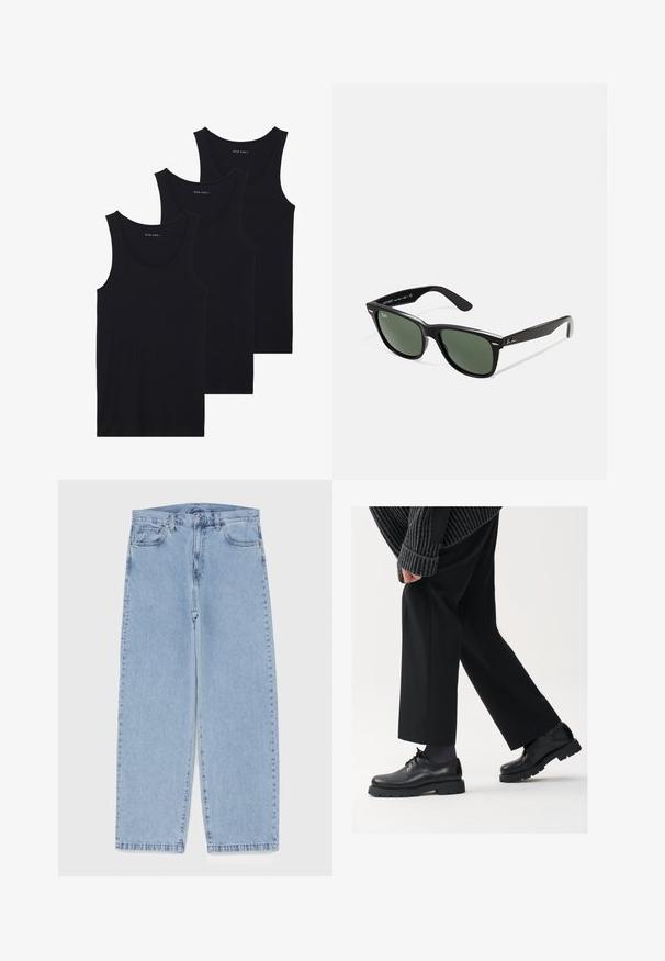 Trois débardeurs noirs en coton avec une texture côtelée, présentant un col rond et sans manches, empilés soigneusement.; Jean en denim bleu clair avec une coupe droite, présentant une taille mi-haute, cinq poches, et une fermeture à bouton et à fermeture éclair.; Chaussures en cuir noir à bout arrondi, à lacets, avec une semelle épaisse et texturée. Portées avec un pantalon noir ajusté et un pull à côtes.; Lunettes de soleil en plastique noir avec verres verts, monture carrée, accent argenté sur le sourcil et branches texturées. Marque indiquée sur l'intérieur de la branche.; Sac en cuir marron de style messager avec un rabat plat à l'avant, deux sangles, des accents en métal doré et une bandoulière adjustable.