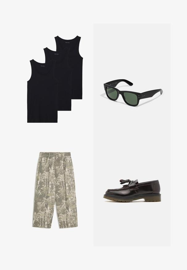 Tričká bez rukávov z čiernej bavlny s ryhovanou textúrou, s okrúhlym výstrihom, usporiadané k sebe.; Cargo nohavice so širokými nohavicami v zelenom a béžovom maskáčovom vzore s listami a kôrou, s prednými vreckami a pútkami na opasok.; Hnedé kožené mokasíny s tkaným vzorom, detailom s třásňami a plochou gumovou podrážkou. Majú hladký povrch a kontrastné švy.; Čierne obdĺžnikové slnečné okuliare so zelenými šošovkami, matný povrch, subtilné detaily a embosovaný logo na stranici.; Olive zelená taška cez rameno s dvoma uchami a nastaviteľným popruhom na rameno. Obsahuje hlavnú zipsovú priehradku a prednú zipsovú vrecko.