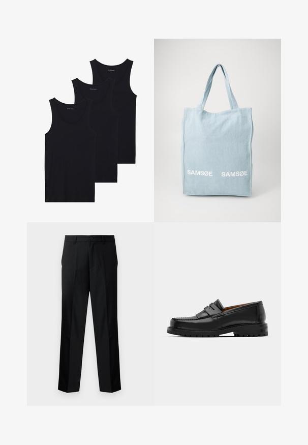 Tre sorte bomulds tanktops med ribbet tekstur, med rund halsudskæring og uden ærmer, stablet pænt.; Sorte skræddersyede bukser med lige snit, der har knaplukning, lynlås og bæltestropper. Glat stof med sidelommer.; Sorte læder loafers har en forhøjet søm, to dekorative remme på overdelen og en tyk struktureret sål for bedre greb.; Lyseblå canvas tote bag med to hvide "SAM SøE" logoer. Har to robuste håndtag og et enkelt rektangulært design.