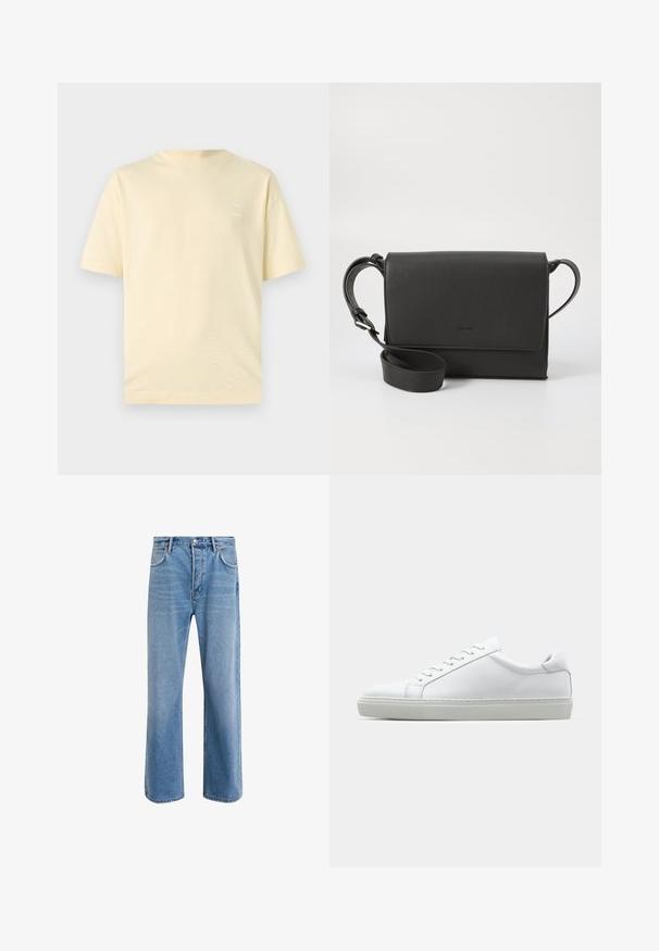 Lys gul bomulds t-shirt med rund hals og korte ærmer. Har et diskret, trykt logo på venstre bryst.; Lyseblå denim jeans med lige ben-design, fem lommer, knaplukning, minimal falming og kontraststingdetaljer.; Hvide sneakers med en glat læderoverdel og lav profil. Har en rund tå, seks snørehuller og en tekstureret gummisål.; Sort læder crossover taske med struktureret finish, rektangulær form, klaplukning, justerbar rem og diskret logo detalje.