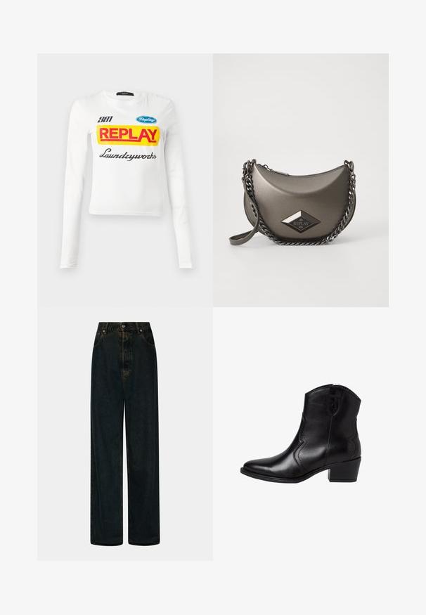 Hvit langermet skjorte med fet rød "REPLAY"-tekst på gul bakgrunn, mindre "381," blå "Replay"-logo, og kursiv tekst "Laundryworks."; Høytlivede vidde mørkeblå denimbukser med knapp- og glidelåsforclosing, beltehemper og frontlommer.; Sorte lær ankle boots med spiss tå, buede sidesømmer og en lav, blokk hæl. Har glidelås lukking og en jevn tekstur.; Metallisk gråtverrsiktig veske med halvmåneform, med kjedestropper og et diamantlogo-patch. Glatt overflate og glidelås.