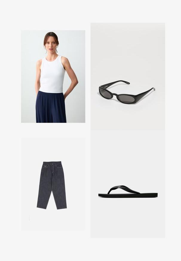 Weißes, geripptes Tanktop mit Rundhalsausschnitt, kombiniert mit lockeren navyblauen Hosen. Der Baumwoll-Mix hat eine weiche Textur.; Dunkelblaue Jeans aus Denim mit geradem Bein, fünf Taschenstil und kontrastierenden gelben Nähten. Verfügt über ein Logo am Bund.; Schwarze Gummi-Flip-Flop-Sandale mit einem strukturierten Riemen und einfacher flacher Sohle, von der Seite auf einem schlichten hellen Hintergrund dargestellt.; Henrik Vibskov MEGAN SUNGLASSES UNISEX - Sonnenbrille - black