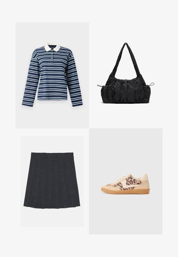Navy blue and light blue striped long-sleeve polo shirt with a white collar, featuring three buttons on the placket. Soft cotton fabric.; Dark gray pleated skirt with an elastic waistband, featuring a textured fabric and a classic A-line silhouette. Suitable for casual wear.; Leopard print sneakers with beige suede upper, tan rubber sole, and white accents. Round toe and lace-up design with a textured finish.; Black fabric handbag with gathered texture, two shoulder straps, and drawstring closure on sides. Smooth, lightweight material.