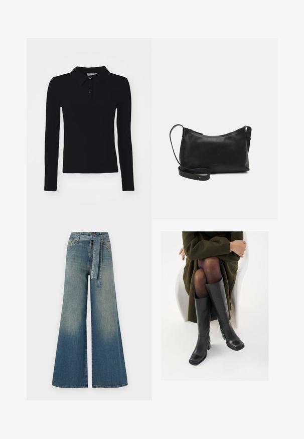 Melns garumšāds polo krekls ar ribota tekstūra, pogu aizdare un apkakles izgriezums. Vienkāršs dizains, bez rakstiem vai akcentiem.; Platām kājām džinsu bikses ar gaismas līdz tumši zilam gradientam, augstu jostas līniju, jostas cilpām un atbilstošu auduma jostu. Tekstūrēts džinsas apdare.; Ceļgalu augstuma melni ādas zābaki ar kvadrātu purngalu un bloku papēdi, attēloti modelī, kurš sēž olīvu zaļā mētelī. Gluda tekstūra, minimāla apdare.; Melna ādas plecu soma ar gludu tekstūru, izliekta forma, regulējama siksna un rāvējslēdzēja aizdare. Minimālistisks dizains bez rotājumiem.