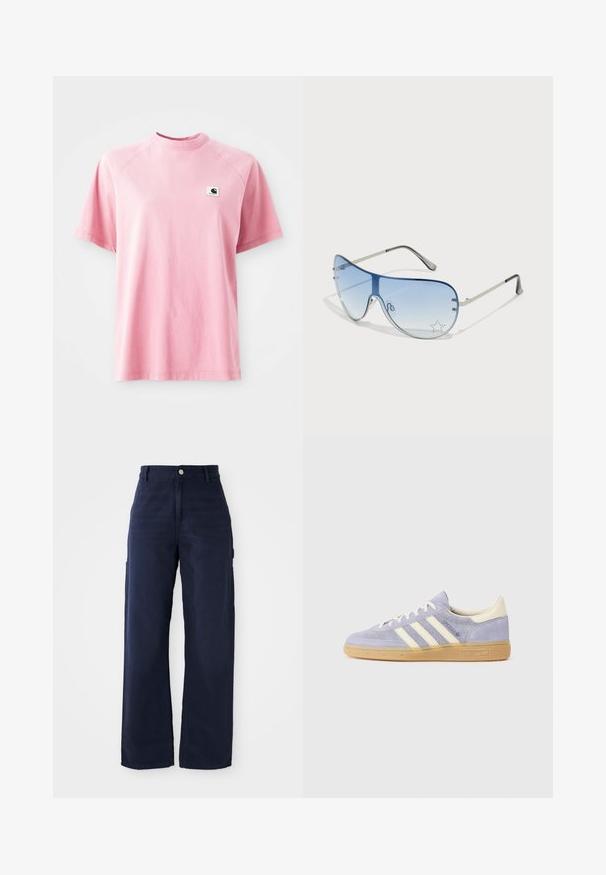Pink bomulds t-shirt med rund hals og korte ærmer. Har en lille firkantet logo-patch på venstre brystområde. Glat tekstur.; Mørkeblåvidde cargo bukser fremstillet af et robust bomuldsstof, der har sidelommer og en knaplukning i taljen.; Lilla ruskindsneaker med tre hvide striber, gummisål og cremefarvede detaljer ved hælen og tungen. Minimalistisk design med logodetalje.; Aviator-solbriller med gradient blå linser, sølvmetalramme og dekorative stjerneakcenter på linserne. Glat og strømlinet design.