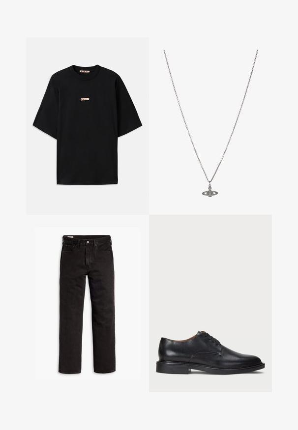 T-shirt preto de manga curta feito de algodão. Apresenta um decote redondo e uma pequena etiqueta com logotipo no peito com letras vermelhas. Design minimalista.; Jeans de denim pretos de perna reta com cinco bolsos, fecho de botão e passantes para cinto, dispostos em uma superfície branca.; Sapato de vestido em couro preto com bico redondo, design com atacadores e um salto baixo empilhado. Textura suave com detalhes de costura mínimos.; Colar de corrente prateada com um pendente detalhado em forma de planeta, adornado com pequenos detalhes e padrões intrincados.