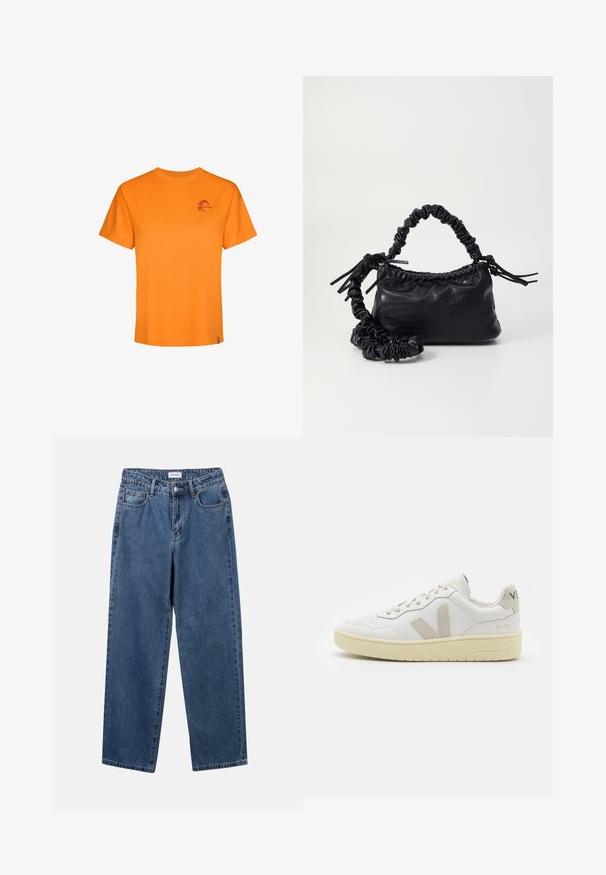 Oranžs kokvilnas T-krekls ar īsām piedurknēm, apļveida kakla izgriezumu un mazu purpura logotipu kreisajā krūtī. Gluda tekstūra, ikdienišķa piegriezne.; Klasiskie zili džinsi ar taisnu kāju dizainu, pieciem kabatām un pogu aizdari. Iezīmējas ar vidēju mazgāšanu un izturīgu tekstūru.; Baltas ādas sporta apavu pāris ar bēšiem zamša akcentiem, caurumiņu purngalā, plakanu šņorēšanu un teksturētu krēmkrāsas zoli. Iezīmējas ar diskrētu zīmolu uz papēža.; Melnā mākslīgās ādas rokassoma ar krokodila rakstu, savilkta augšdaļa un saburzīta siksna. Izskatās mīksta un kompakta pēc dizaina.