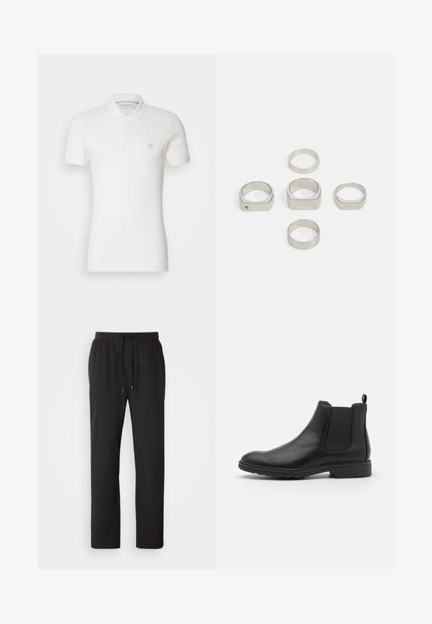 Calvin Klein Jeans BADGE SLIM - Pikeepaita - ivory; Juoksuhousut mustasta kevyestä kankaasta, jossa on joustava vyötärö, säädettävät nyörit ja sivutaskut. Sujuva rakenne.; Mustat nahkaiset Chelsea-nilkkurit, joissa on joustavat sivupaneelit ja vetoketju, pyöristetty kärki ja teksturoitu kumipohja.; Setti kuusi metallinhohtoista hopeasormusta eri muodoissa, mukaan lukien pyöreät ja neliöt, joissa on sileät pinnat ja minimalistinen muotoilu.