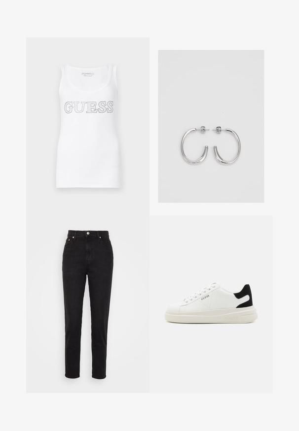 Bela brezrokavnik z rebrasto teksturo in izrazitim srebrnim logotipom "GUESS" natisnjenim spredaj. Preprost, klasičen dizajn.; Črne visokotailored slim fit kavbojke z gumbom spredaj, zankami za pas in petimi žepi na belem ozadju.; Bele usnjene športne copate z debelim belim podplatom, črnimi semišnimi detajli na peti in utisnjenim logotipom na strani. Zavezovanje s šestimi luknjicami.; Srebrne obročaste uhane z gladko, sijočo površino. Zaobljena oblika, lahka zasnova, z zapiranjem na zatič.