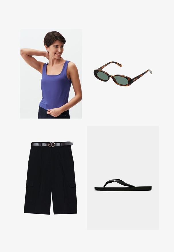 Fioletowy bezrękawnik z kwadratowym dekoltem, wykonany z gładkiego materiału, z dopasowanym krojem i prostym, eleganckim wzornictwem.; Czarne spodenki typu cargo wykonane z lekkiego materiału, o prostym kroju, z bocznymi kieszeniami oraz brązowym skórzanym paskiem z srebrną klamrą.; Czarne gumowe klapki z teksturowanym paskiem i prostą płaską podeszwą, przedstawione z boku na jasnym jednolitym tle.; Okulary przeciwsłoneczne w kolorze tortoise z owalnymi oprawkami i zielonymi soczewkami. Posiadają cienkie zauszniki z metalowym akcentem przy zawiasach.; Brązowa skórzana torba tote z dwoma wydłużonymi uchwytami, usztywnionym prostokątnym kształtem, gładką teksturą i subtelnymi detalami przeszycia.