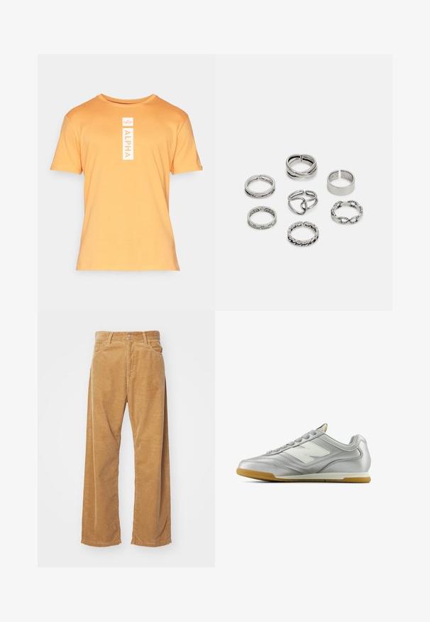 Krátky rukáv, oranžové tričko z bavlny s okrúhlym výstrihom. Na prednej strane má vertikálnu bielu grafiku "ALPHA".; Bavlnené wide-leg nohavice v bezovej farbe. Majú textúrované vertikálne pruhy, klasický pás a dve predné vrecká.; Strieborná atletická topánka s hladkým, lesklým povrchom, bielym logom na boku, štruktúrovanými šedými šnúrkami a gumovou podrážkou.; Sada siedmich strieborných prsteňov s rôznymi dizajnmi, vrátane skrútených, prepojených a gravírovaných vzorov. Rôzne tvary a šírky.